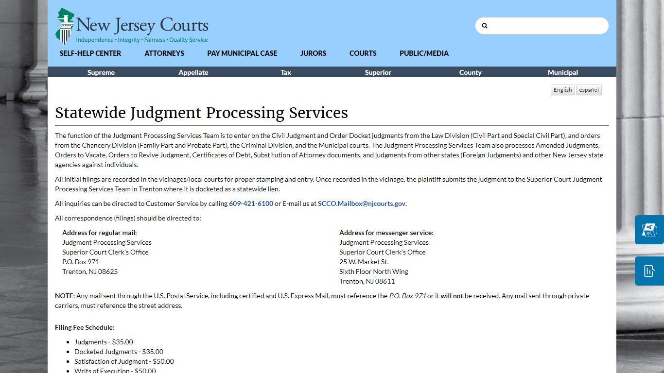 Statewide Judgment Processing Services - New Jersey Superior Court